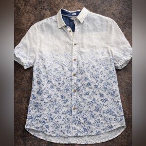 Carbon 2 Cobalt Shirt L White Gray Linen Floral Collared Short Sleeve Button-Up